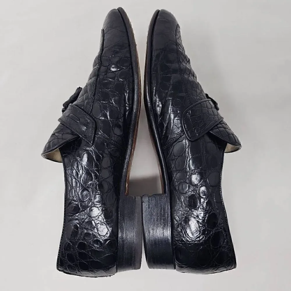VINTAGE BLACK FULL CROCODILE LEATHER APRON TOE TASSEL LOAFER MENS 8 3.6